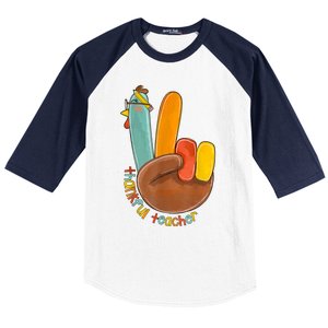 Thankful Teacher Funny Thanksgiving Peace Hand Sign Turkey Baseball Sleeve Shirt