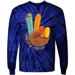 Thankful Teacher Funny Thanksgiving Peace Hand Sign Turkey Tie-Dye Long Sleeve Shirt