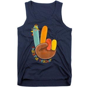 Thankful Teacher Funny Thanksgiving Peace Hand Sign Turkey Tank Top