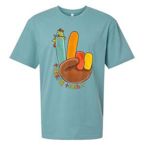 Thankful Teacher Funny Thanksgiving Peace Hand Sign Turkey Sueded Cloud Jersey T-Shirt