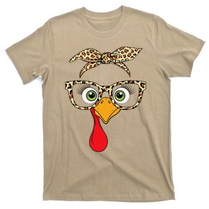 Thanksgiving Turkey Face Leopard Print Glasses Women T-Shirt