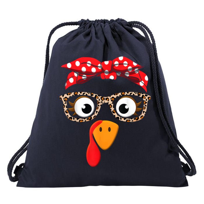 Thanksgiving Turkey Face Leopard Print Glasses Drawstring Bag