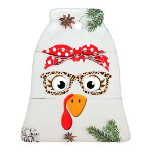 Thanksgiving Turkey Face Leopard Print Glasses Ceramic Bell Ornament