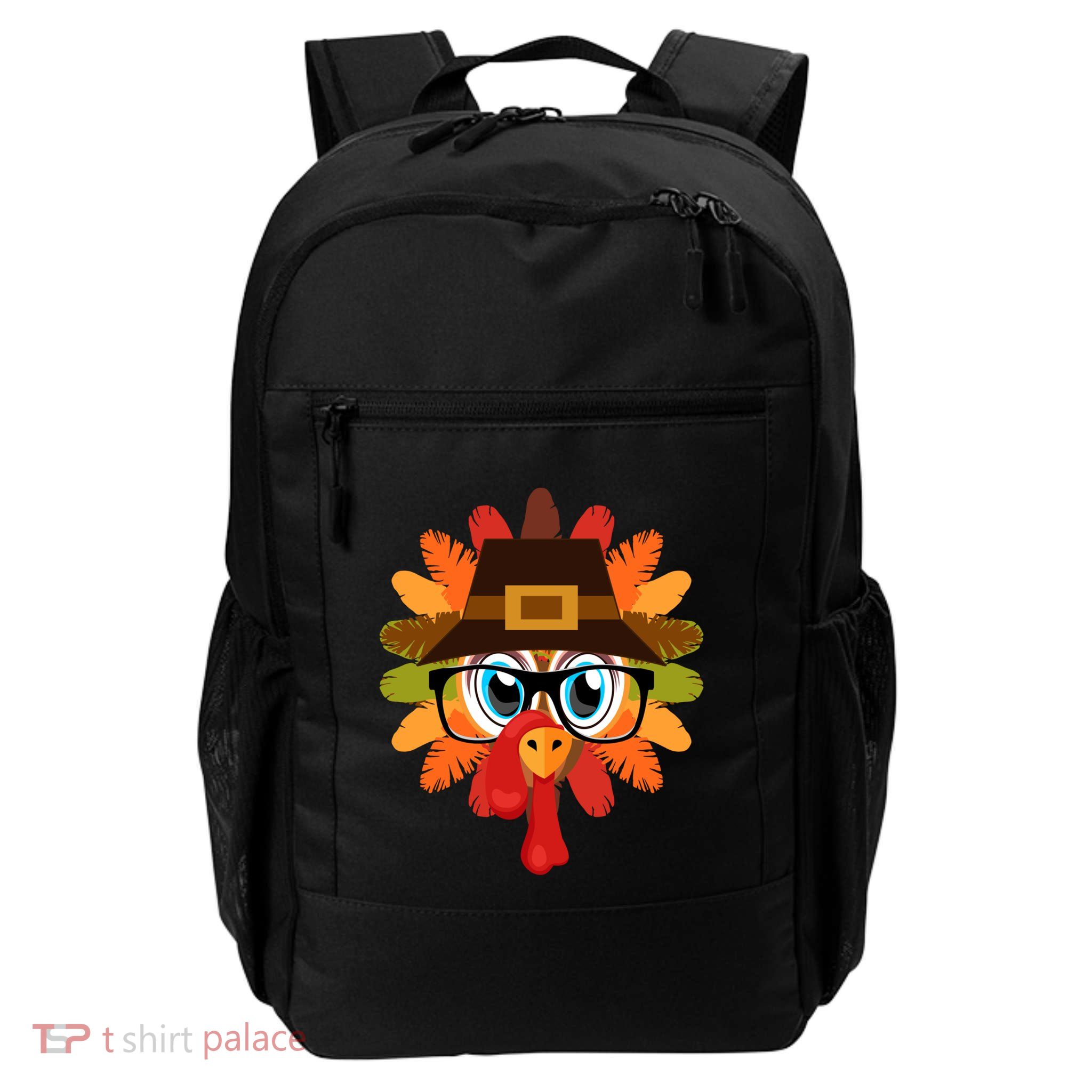 Thanksgiving Turkey Face Pilgrims Hat Glasses Tail Feathers Gift Backpack
