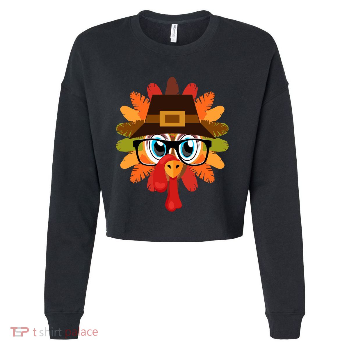 Thanksgiving Turkey Face Pilgrims Hat Glasses Tail Feathers Gift Cropped Pullover Crew
