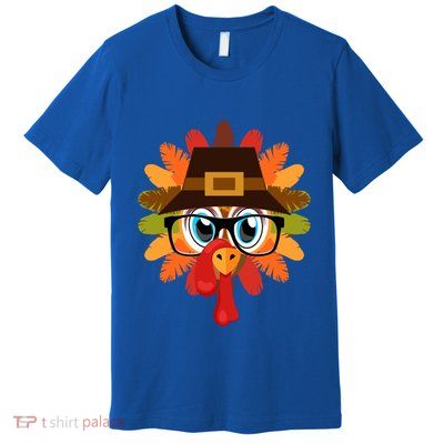 Thanksgiving Turkey Face Pilgrims Hat Glasses Tail Feathers Gift Premium T-Shirt