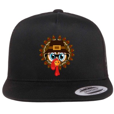 Thanksgiving Turkey Face Pilgrims Hat Glasses Tail Feathers Gift Flatbill Hat