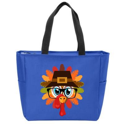 Thanksgiving Turkey Face Pilgrims Hat Glasses Tail Feathers Meaningful Gift Zip Tote Bag