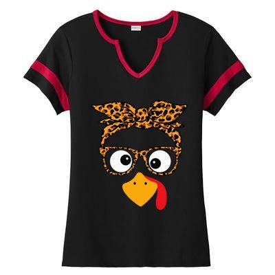 Thanksgiving Turkey Face Leopard Print Glasses Autumn Fall Ladies Halftime Notch Neck Tee