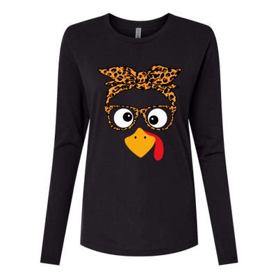 Thanksgiving Turkey Face Leopard Print Glasses Autumn Fall Womens Cotton Relaxed Long Sleeve T-Shirt