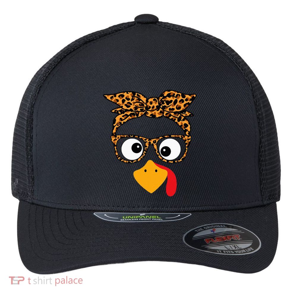 Thanksgiving Turkey Face Leopard Print Glasses Autumn Fall Flexfit Unipanel Trucker Cap