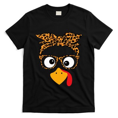 Thanksgiving Turkey Face Leopard Print Glasses Autumn Fall T-Shirt