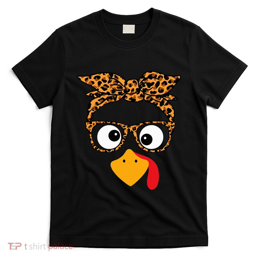 Thanksgiving Turkey Face Leopard Print Glasses Autumn Fall T-Shirt