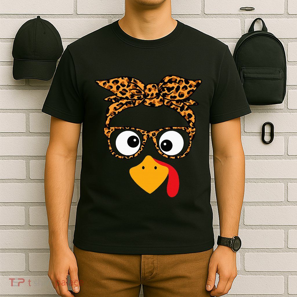 Thanksgiving Turkey Face Leopard Print Glasses Autumn Fall T-Shirt