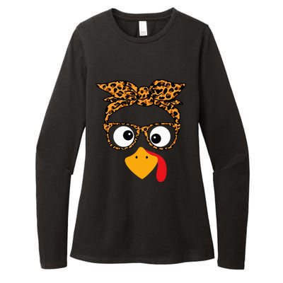 Thanksgiving Turkey Face Leopard Print Glasses Autumn Fall Womens CVC Long Sleeve Shirt