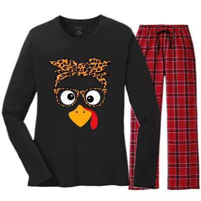 Thanksgiving Turkey Face Leopard Print Glasses Autumn Fall Women's Long Sleeve Flannel Pajama Set 