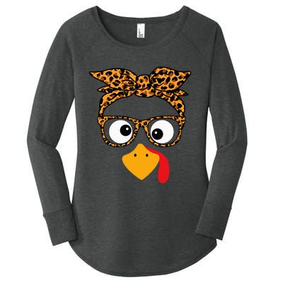 Thanksgiving Turkey Face Leopard Print Glasses Autumn Fall Women's Perfect Tri Tunic Long Sleeve Shirt