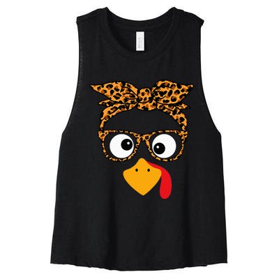 Thanksgiving Turkey Face Leopard Print Glasses Autumn Fall Women's Racerback Cropped Tank