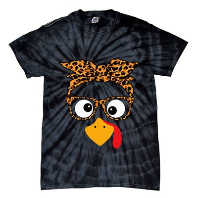 Thanksgiving Turkey Face Leopard Print Glasses Autumn Fall Tie-Dye T-Shirt