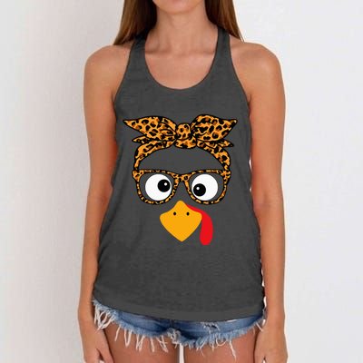 Thanksgiving Turkey Face Leopard Print Glasses Autumn Fall Women's Knotted Racerback Tank