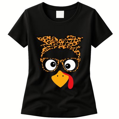 Thanksgiving Turkey Face Leopard Print Glasses Autumn Fall Womens T-Shirt