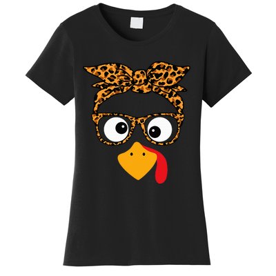 Thanksgiving Turkey Face Leopard Print Glasses Autumn Fall Women's T-Shirt