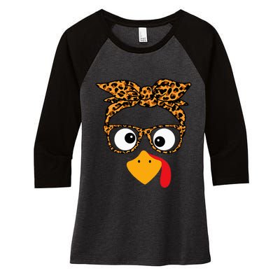 Thanksgiving Turkey Face Leopard Print Glasses Autumn Fall Women's Tri-Blend 3/4-Sleeve Raglan Shirt