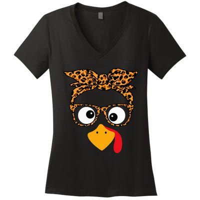 Thanksgiving Turkey Face Leopard Print Glasses Autumn Fall Women's V-Neck T-Shirt