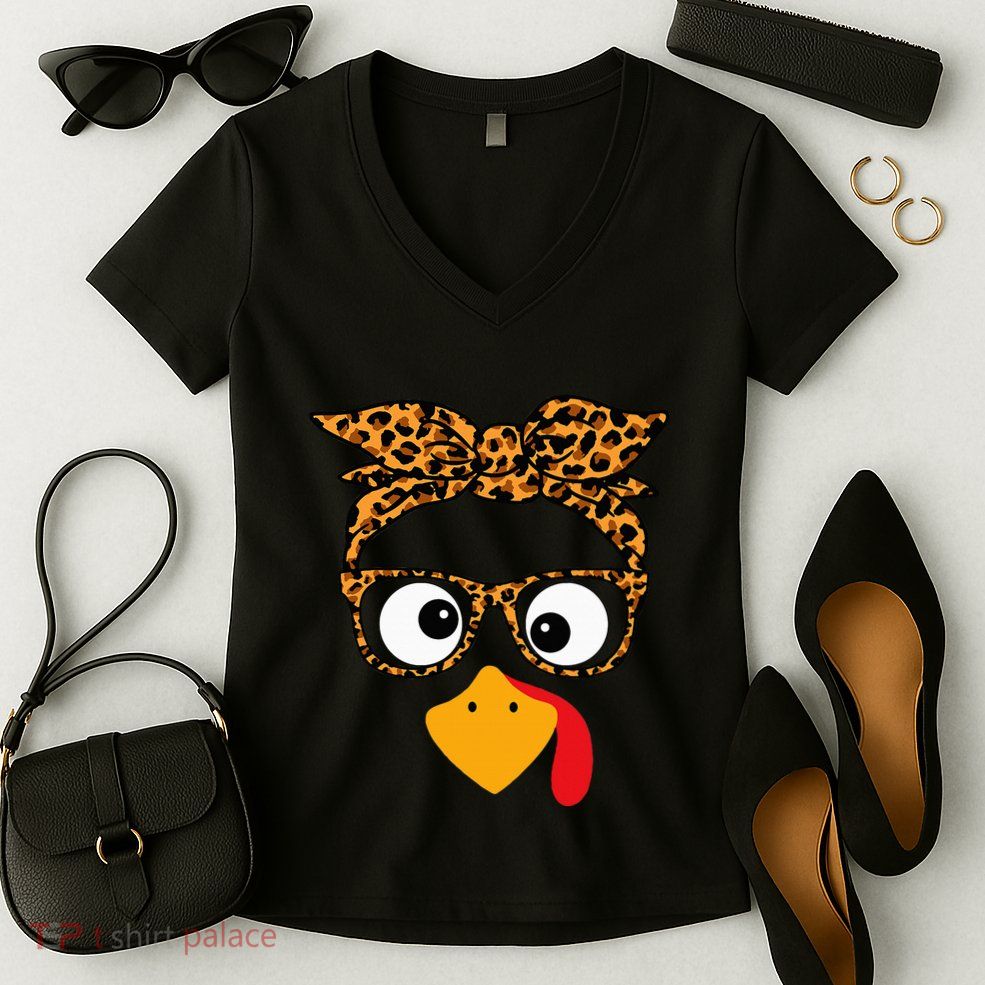 Thanksgiving Turkey Face Leopard Print Glasses Autumn Fall Women's V-Neck T-Shirt
