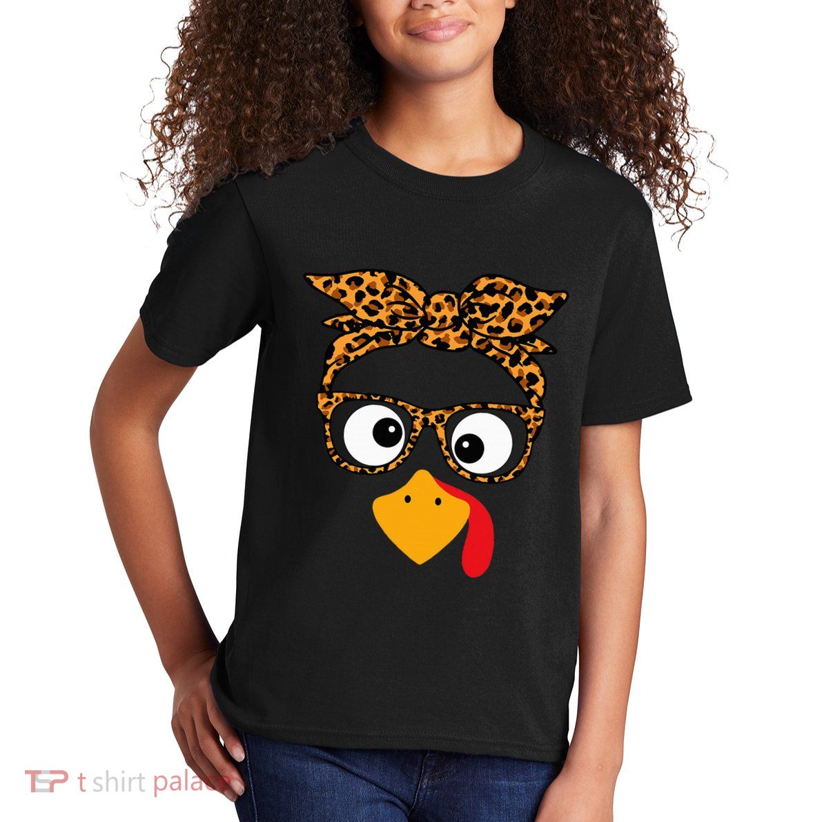 Thanksgiving Turkey Face Leopard Print Glasses Autumn Fall Kids T-Shirt