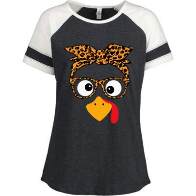 Thanksgiving Turkey Face Leopard Print Glasses Autumn Fall Enza Ladies Jersey Colorblock Tee