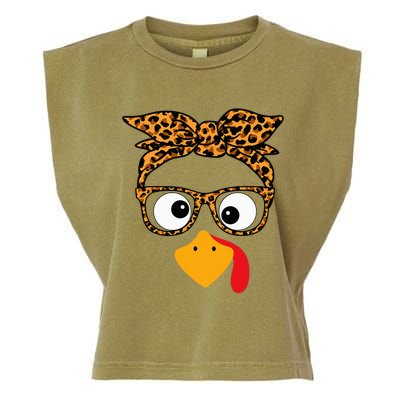 Thanksgiving Turkey Face Leopard Print Glasses Autumn Fall Garment-Dyed Women's Muscle Tee