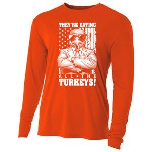 Turkey Trump Funny TheyRe Eating All The Turkeys Usa Flag Funny Gift Cooling Performance Long Sleeve Crew