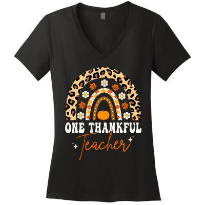 Thankful Teacher Fall Autumn Leopard Print Women's V-Neck T-Shirt