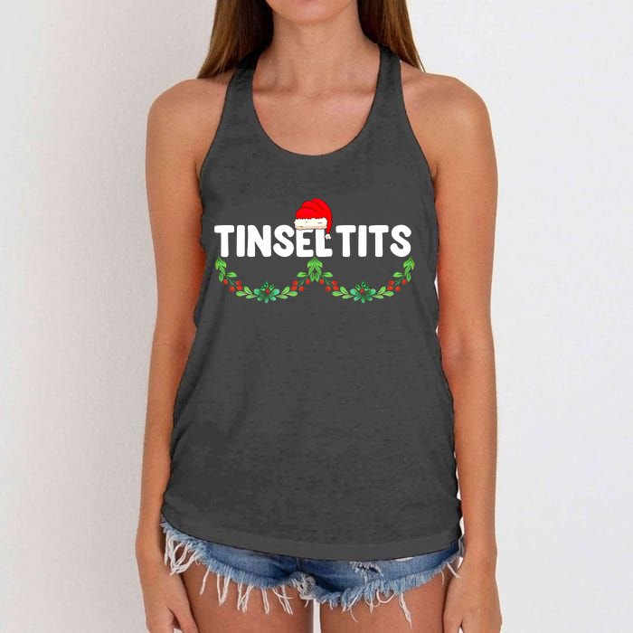 Tinsel Tits Funny Couple Christmas Jingle Balls Tinsel Tits Women's Knotted Racerback Tank