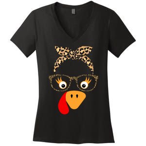 Thanksgiving Turkey Face Leopard Glasses For Women Women's V-Neck T-Shirt