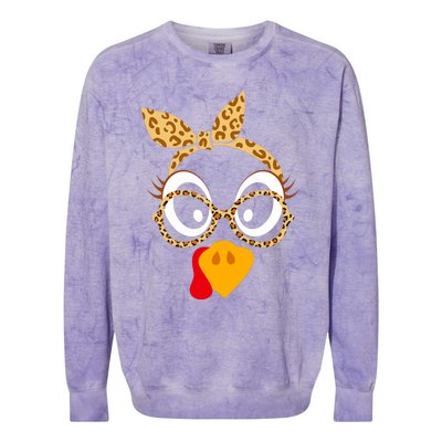 Thanksgiving Turkey Face Leopard Print Glasses Women Colorblast Crewneck Sweatshirt