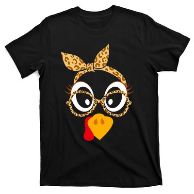 Thanksgiving Turkey Face Leopard Print Glasses Women T-Shirt