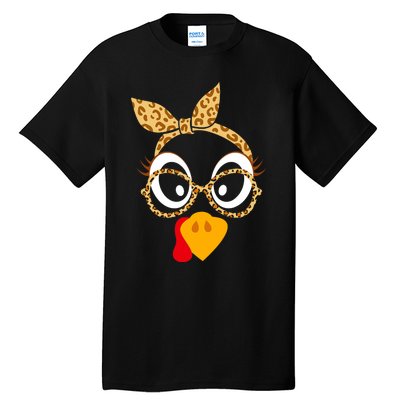 Thanksgiving Turkey Face Leopard Print Glasses Women Tall T-Shirt