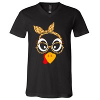 Thanksgiving Turkey Face Leopard Print Glasses Women V-Neck T-Shirt