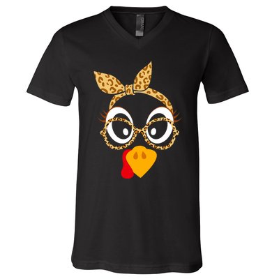 Thanksgiving Turkey Face Leopard Print Glasses Women V-Neck T-Shirt