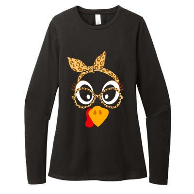 Thanksgiving Turkey Face Leopard Print Glasses Women Womens CVC Long Sleeve Shirt