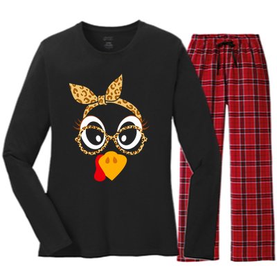 Thanksgiving Turkey Face Leopard Print Glasses Women Women's Long Sleeve Flannel Pajama Set 