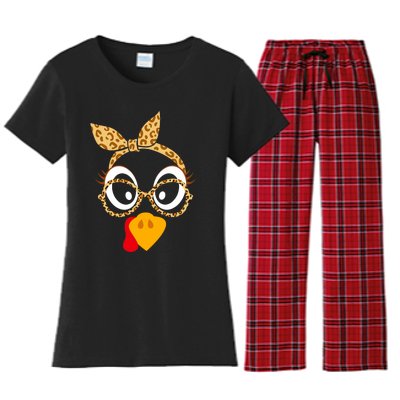 Thanksgiving Turkey Face Leopard Print Glasses Women Women's Flannel Pajama Set