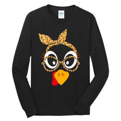 Thanksgiving Turkey Face Leopard Print Glasses Women Tall Long Sleeve T-Shirt