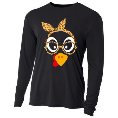 Thanksgiving Turkey Face Leopard Print Glasses Women Cooling Performance Long Sleeve Crew