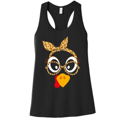 Thanksgiving Turkey Face Leopard Print Glasses Women Women's Racerback Tank