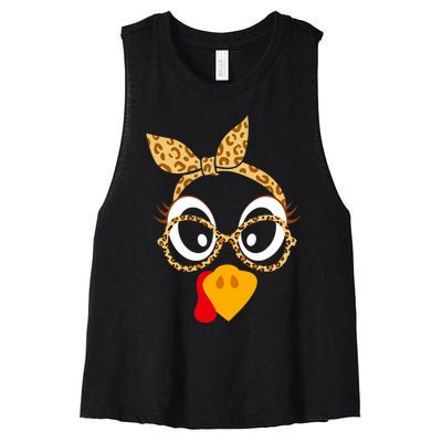 Thanksgiving Turkey Face Leopard Print Glasses Women Women's Racerback Cropped Tank