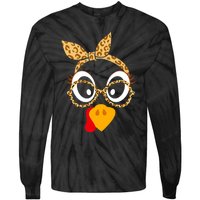 Thanksgiving Turkey Face Leopard Print Glasses Women Tie-Dye Long Sleeve Shirt