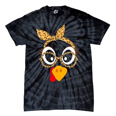 Thanksgiving Turkey Face Leopard Print Glasses Women Tie-Dye T-Shirt